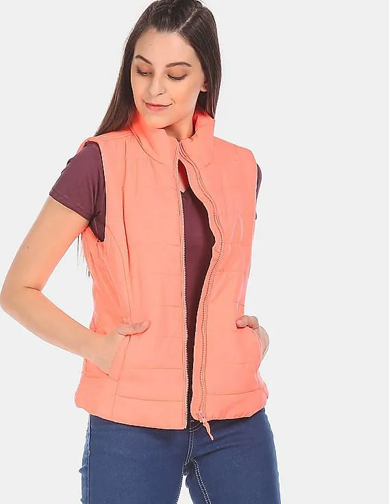 Aeropostale Women Coral High Neck Gilet Jacket