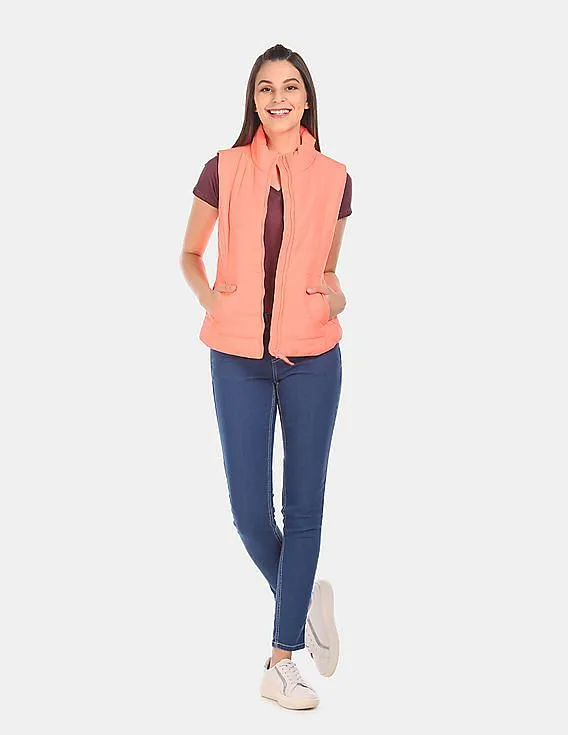 Aeropostale Women Coral High Neck Gilet Jacket