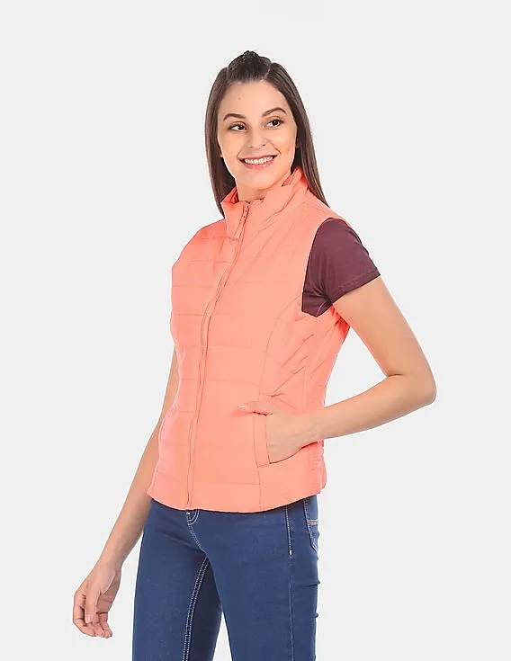 Aeropostale Women Coral High Neck Gilet Jacket