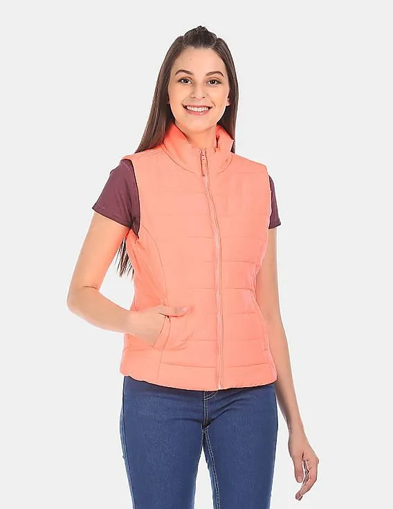 Aeropostale Women Coral High Neck Gilet Jacket