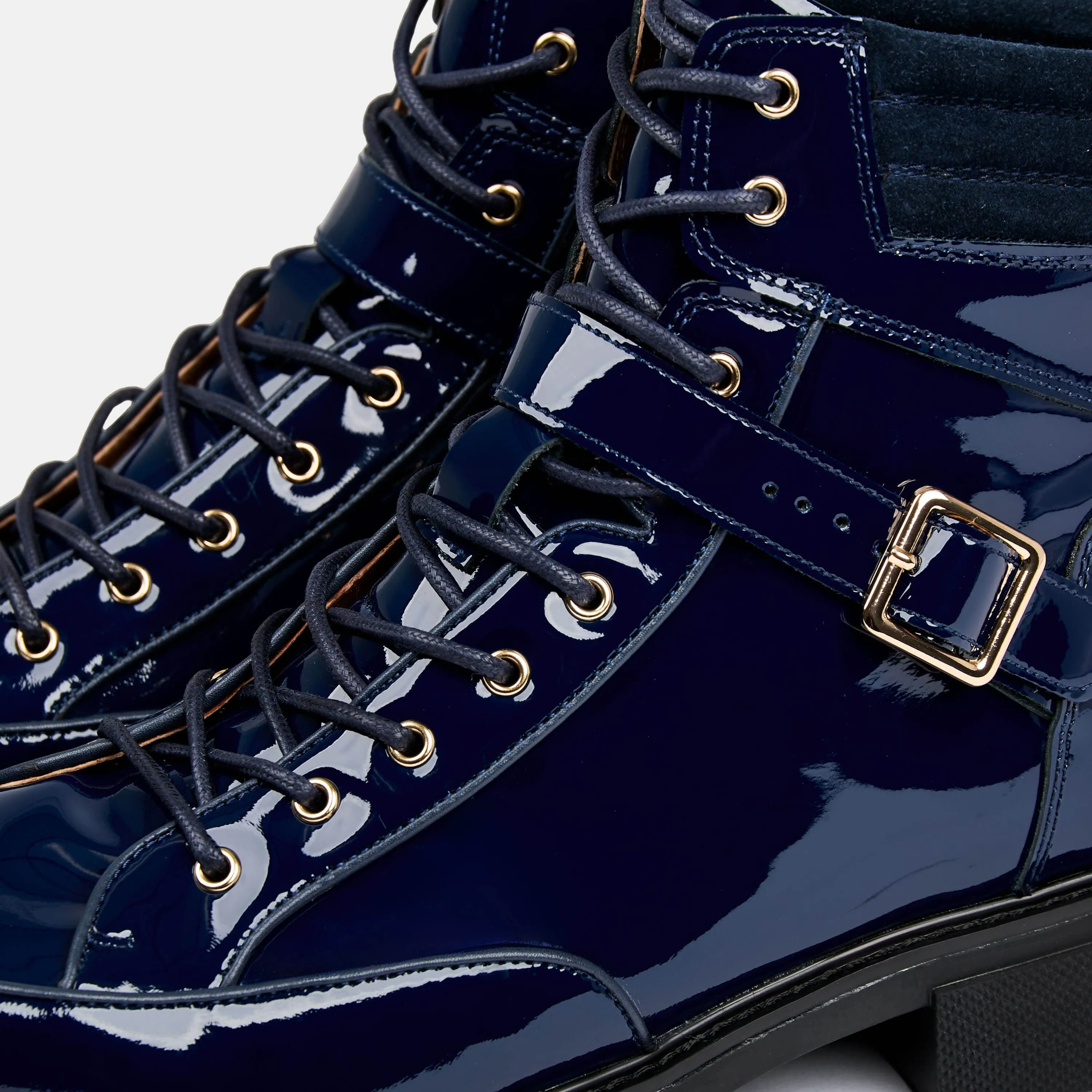 Atlas Navy Patent Leather Strap Boots