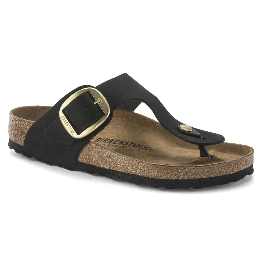 Birkenstock Women’s Gizeh Big Buckle Slip On Sandals-Black Nubuck Leather