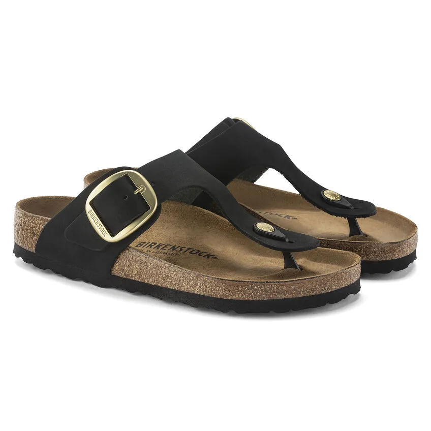 Birkenstock Women’s Gizeh Big Buckle Slip On Sandals-Black Nubuck Leather