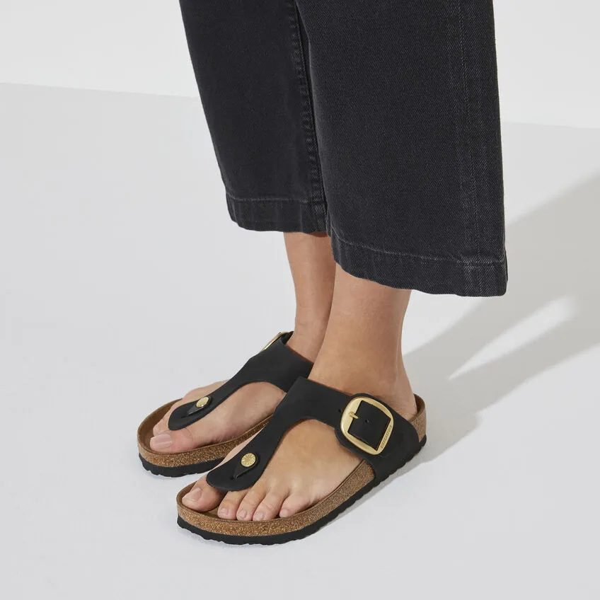 Birkenstock Women’s Gizeh Big Buckle Slip On Sandals-Black Nubuck Leather