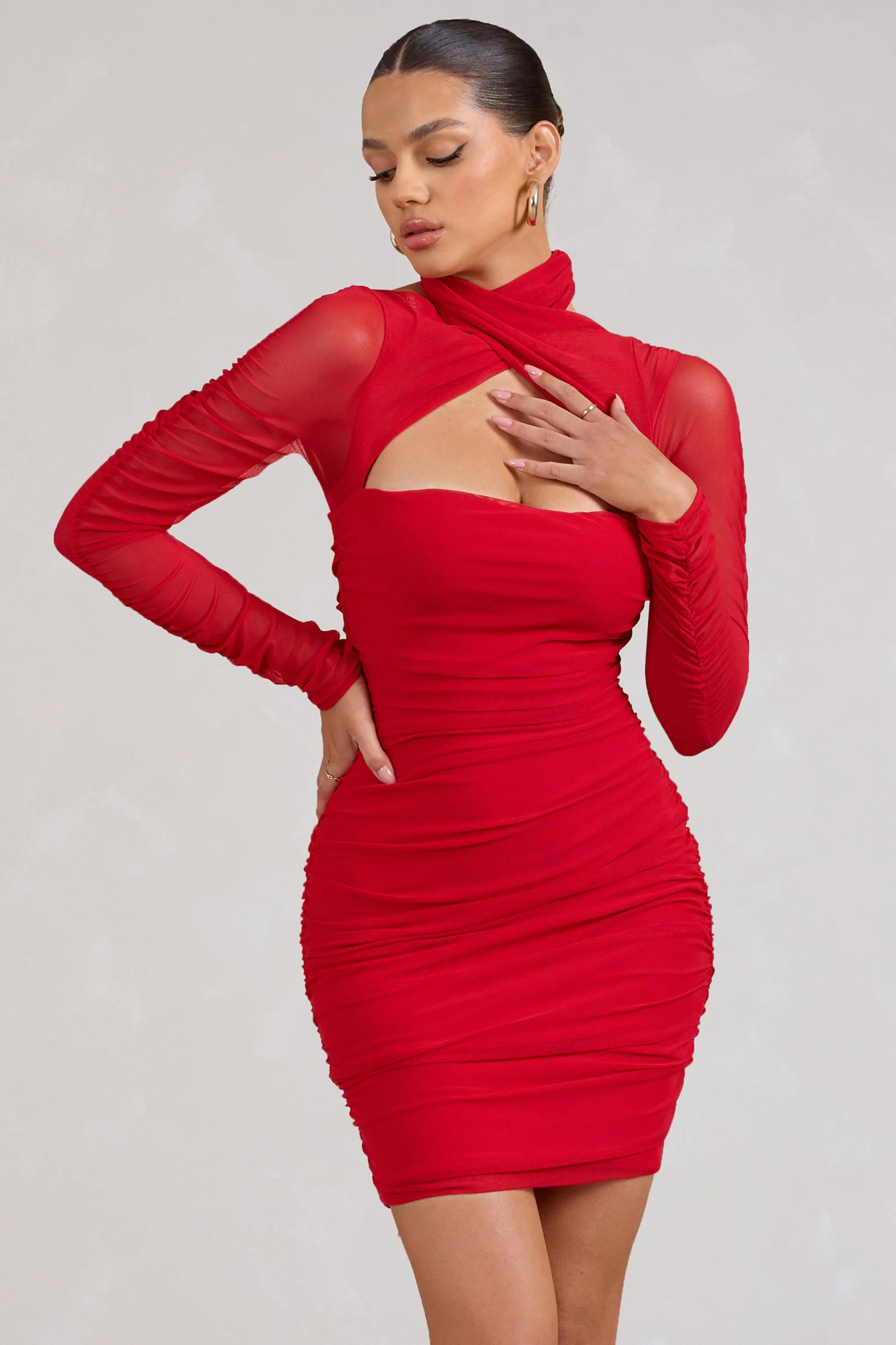 Bouquet Toss | Red Ruched Mesh Long-Sleeved Mini Dress