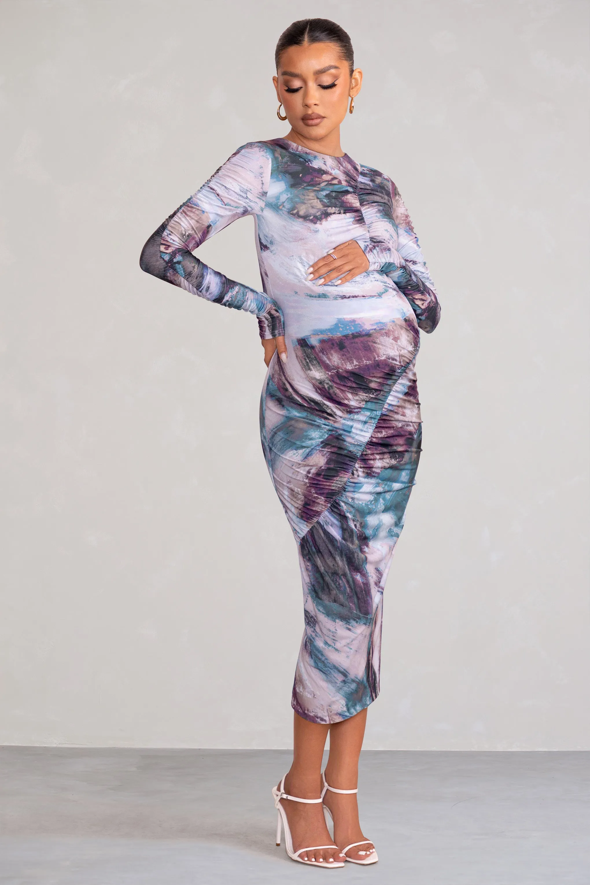 Cait | Multi Print Bodycon Maternity Midi Dress