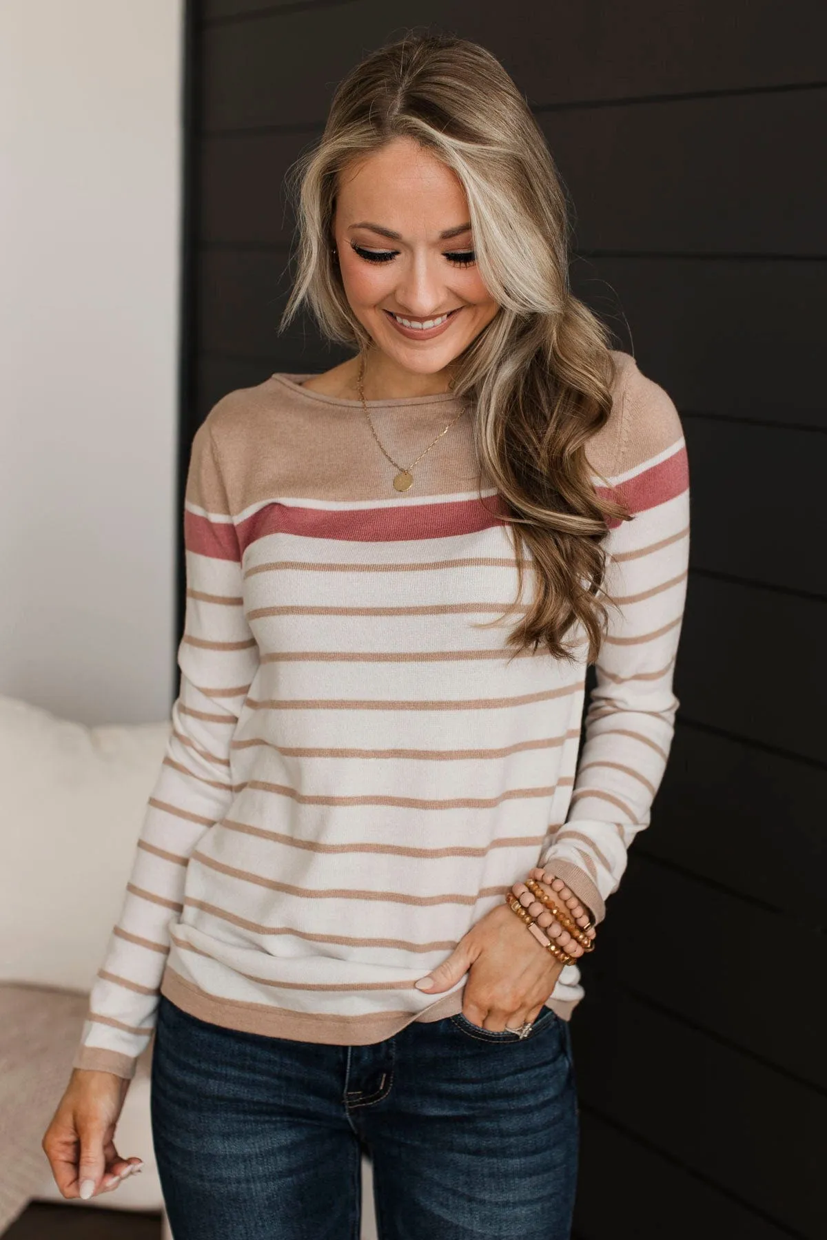 Can't Stay Away Striped Sweater- Taupe & Rose