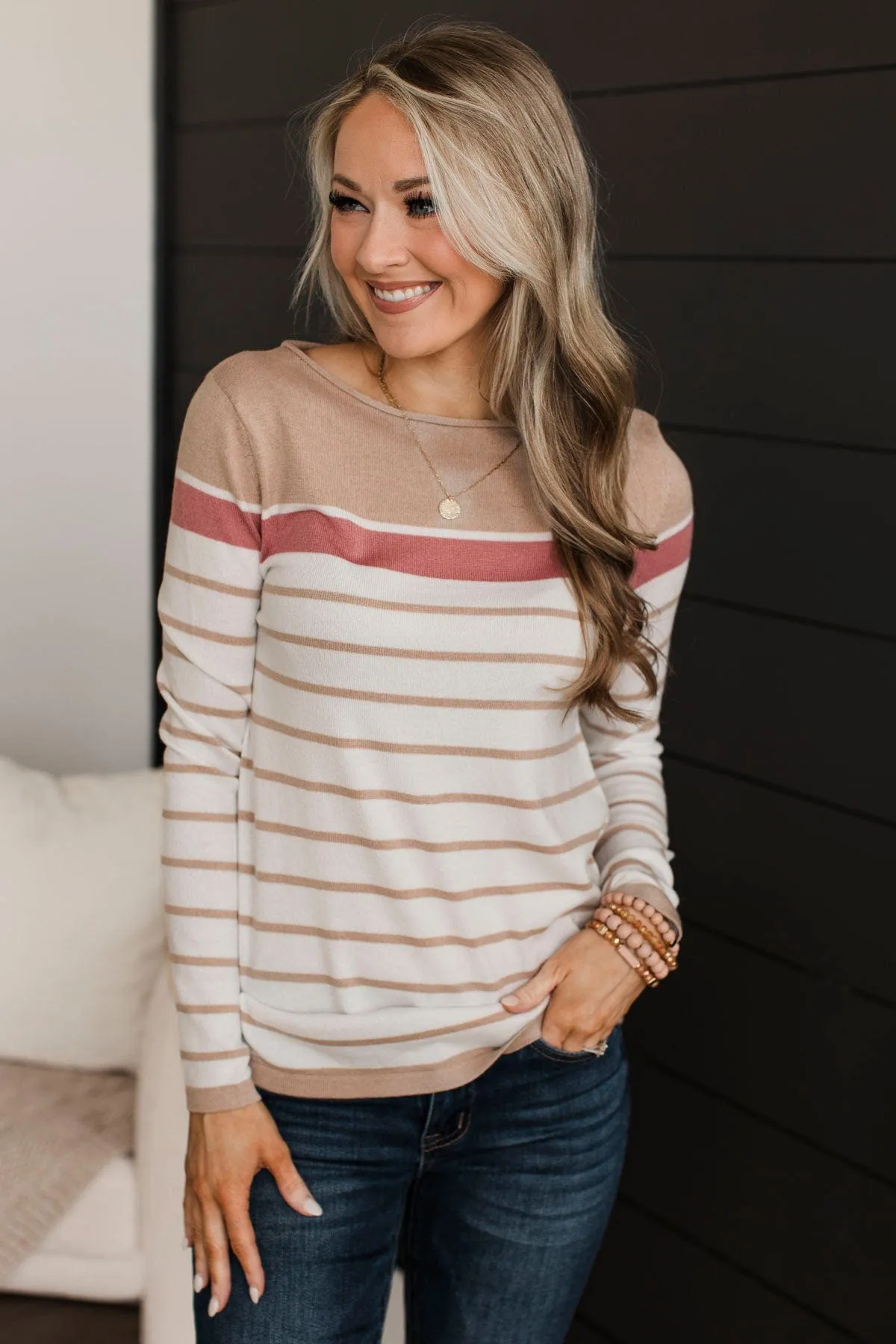 Can't Stay Away Striped Sweater- Taupe & Rose