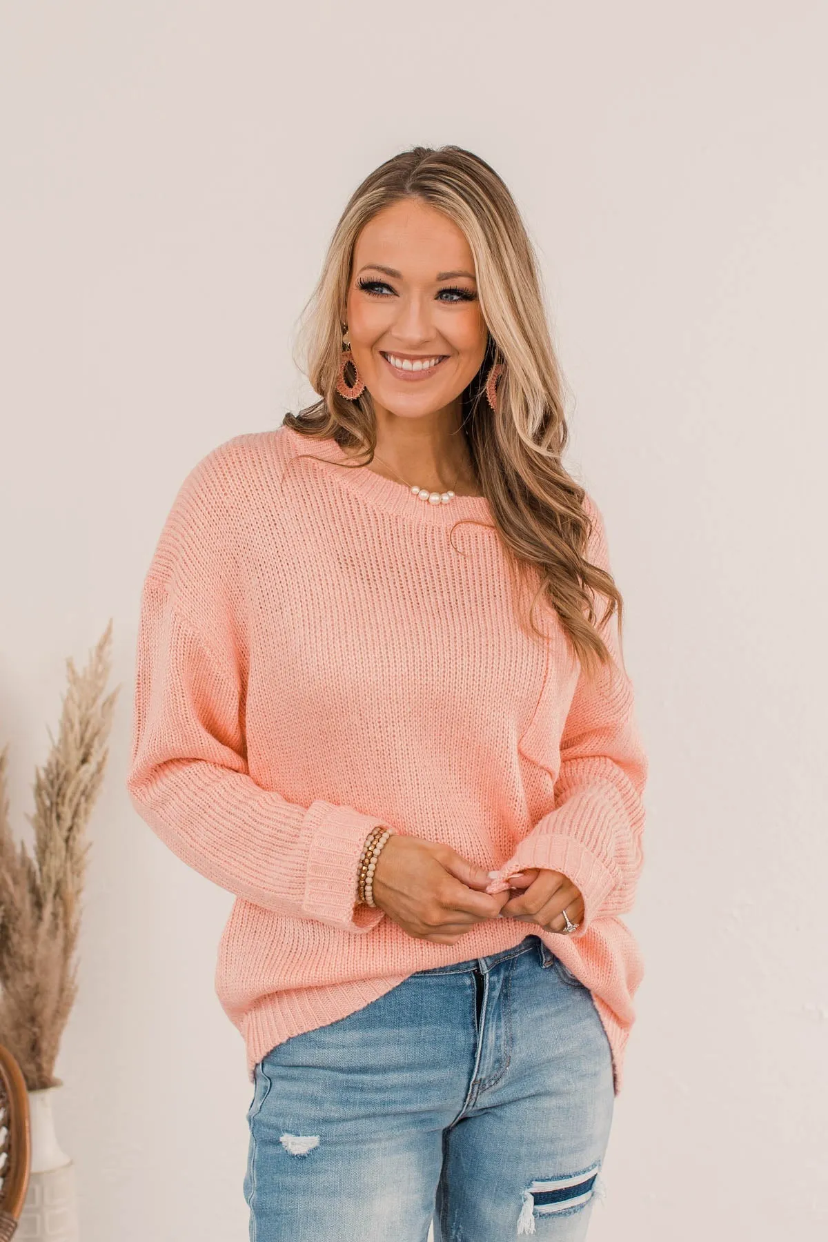 Endlessly Cozy Knit Pocket Sweater- Light Pink