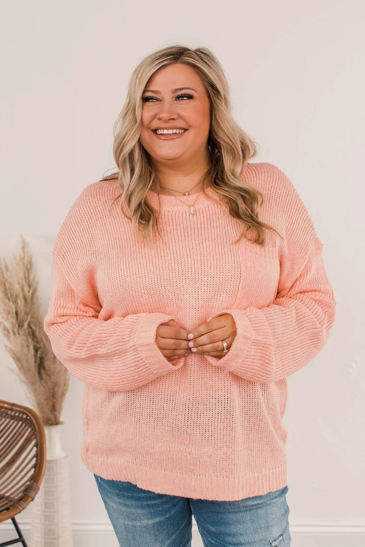 Endlessly Cozy Knit Pocket Sweater- Light Pink