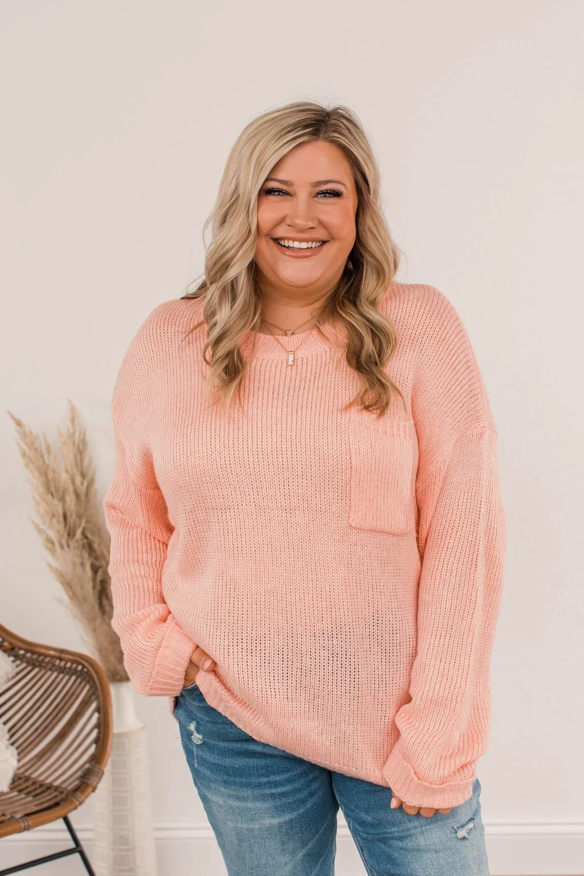 Endlessly Cozy Knit Pocket Sweater- Light Pink