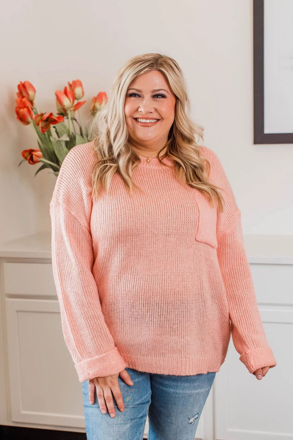 Endlessly Cozy Knit Pocket Sweater- Light Pink