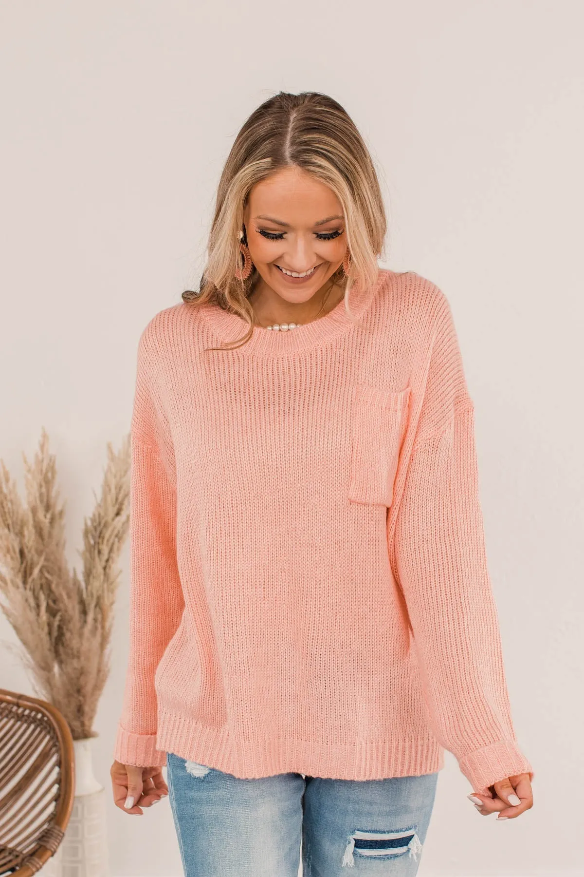 Endlessly Cozy Knit Pocket Sweater- Light Pink