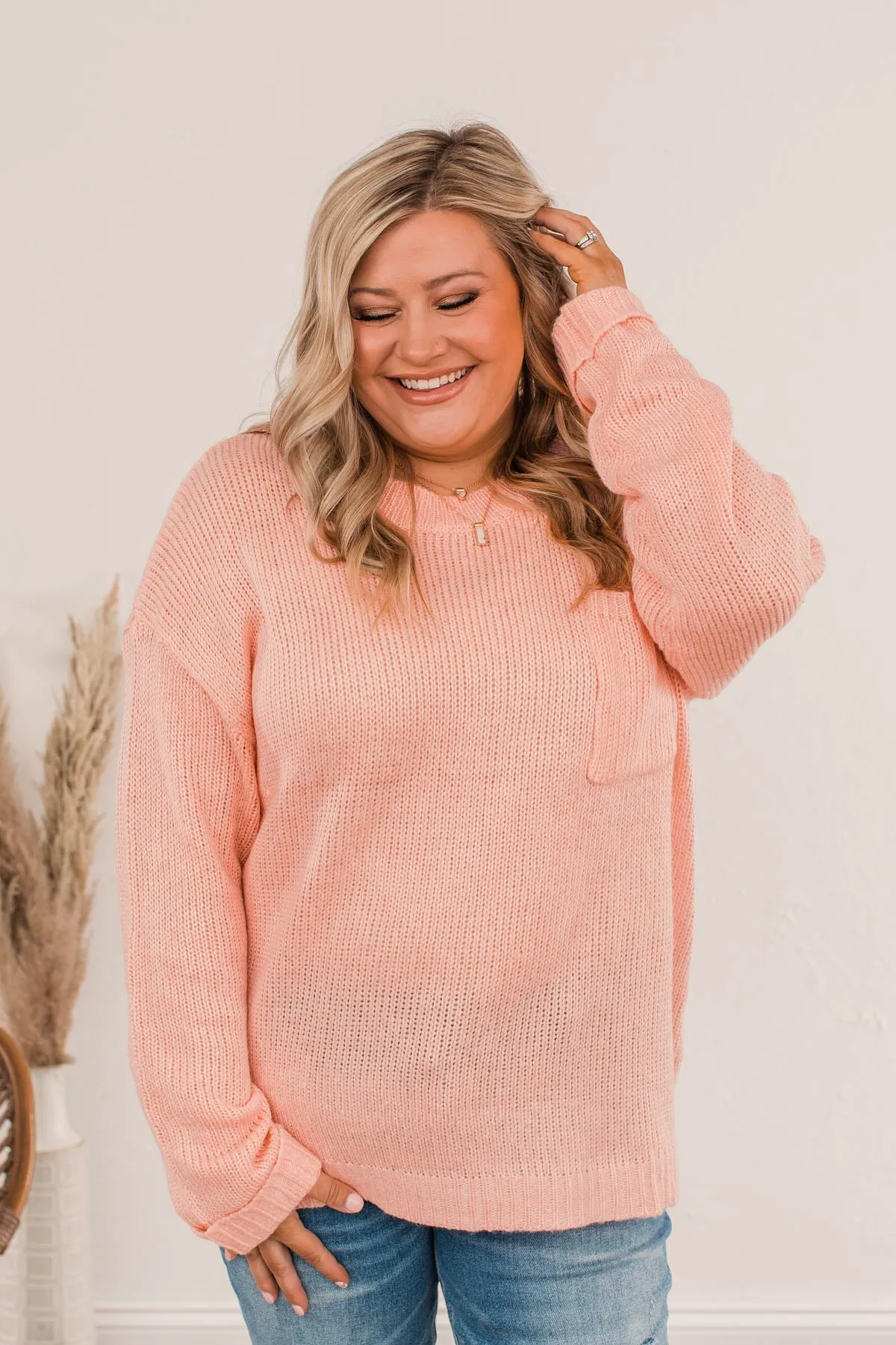 Endlessly Cozy Knit Pocket Sweater- Light Pink