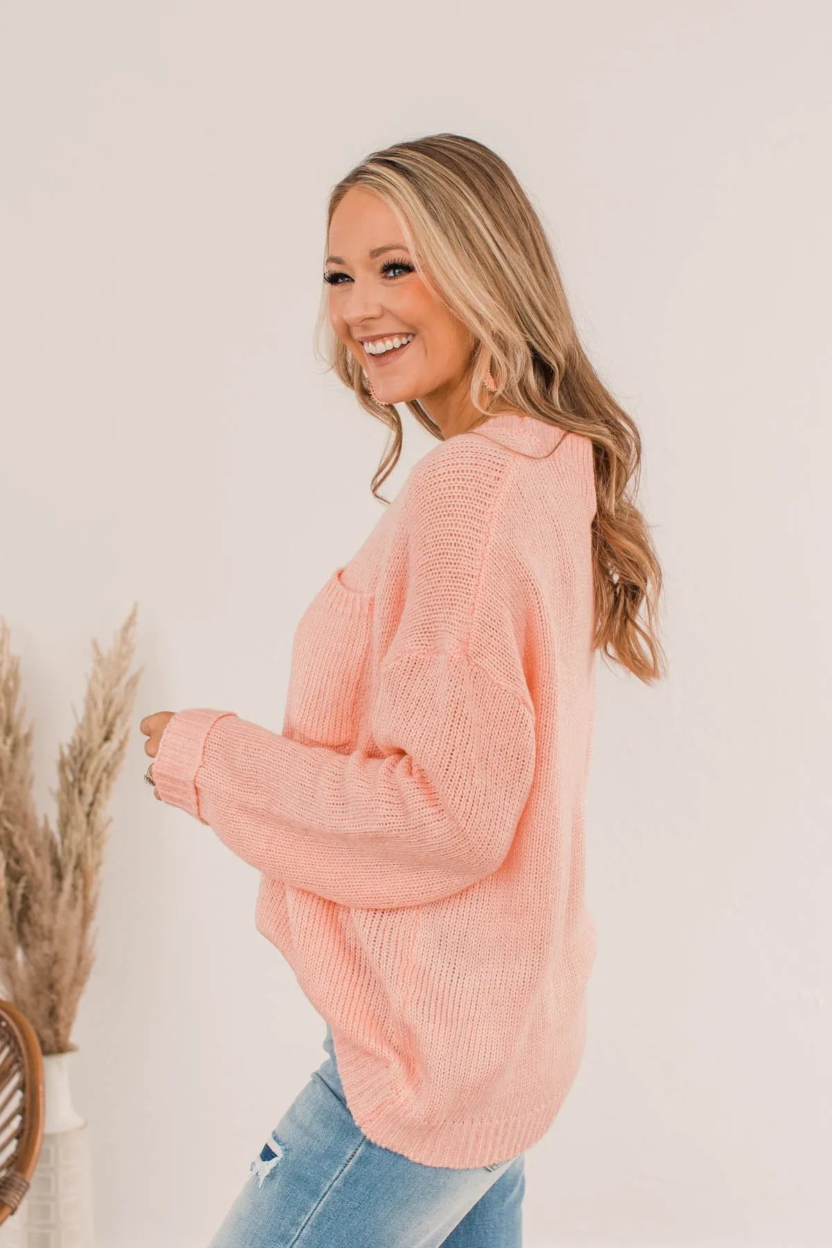 Endlessly Cozy Knit Pocket Sweater- Light Pink