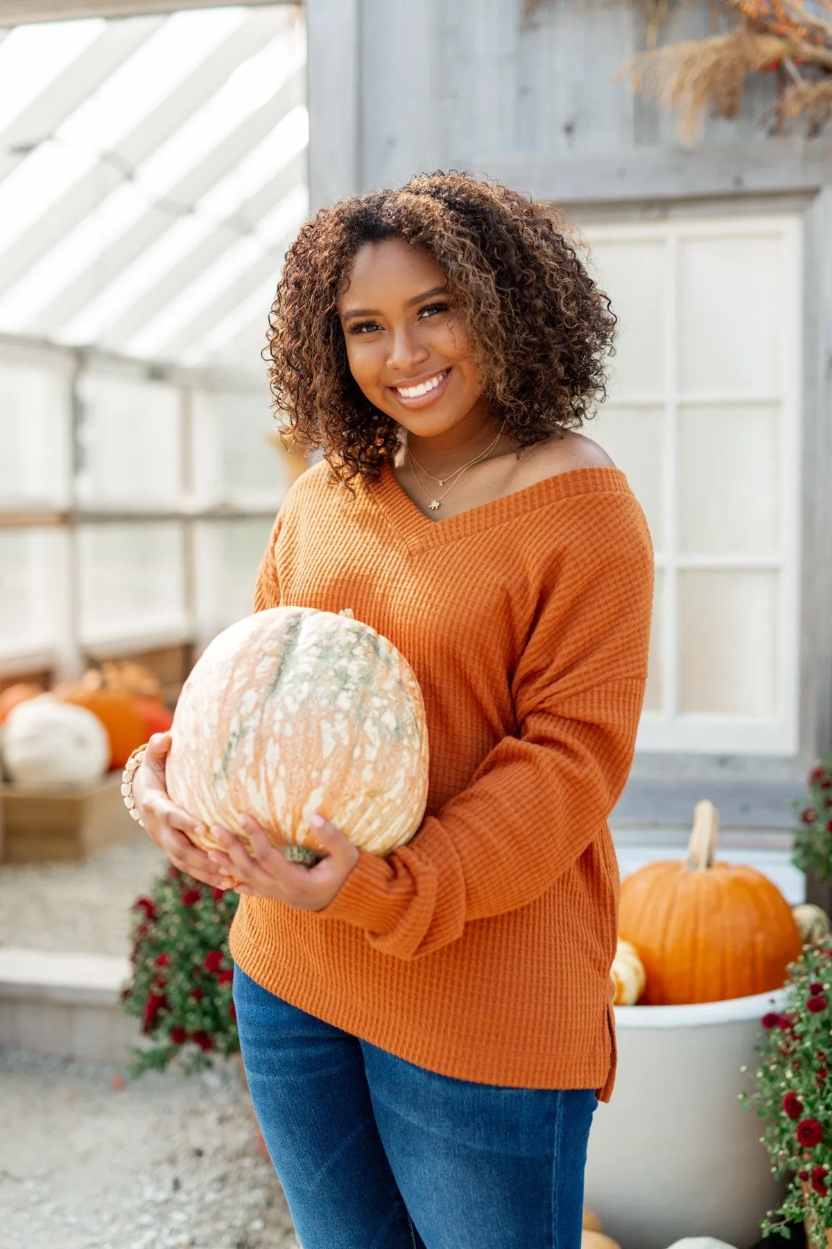 Everything Nice Waffle Knit Sweater- Burnt Orange