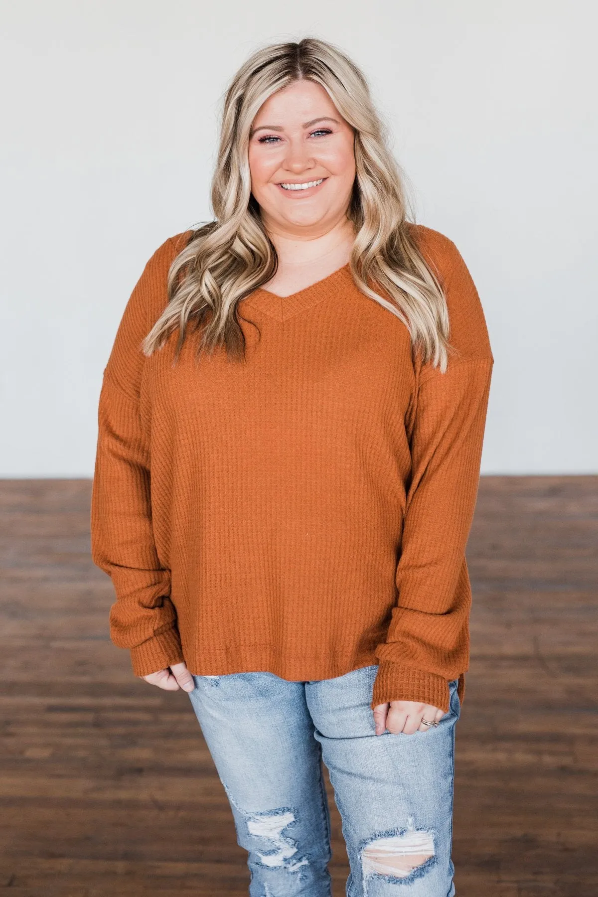 Everything Nice Waffle Knit Sweater- Burnt Orange