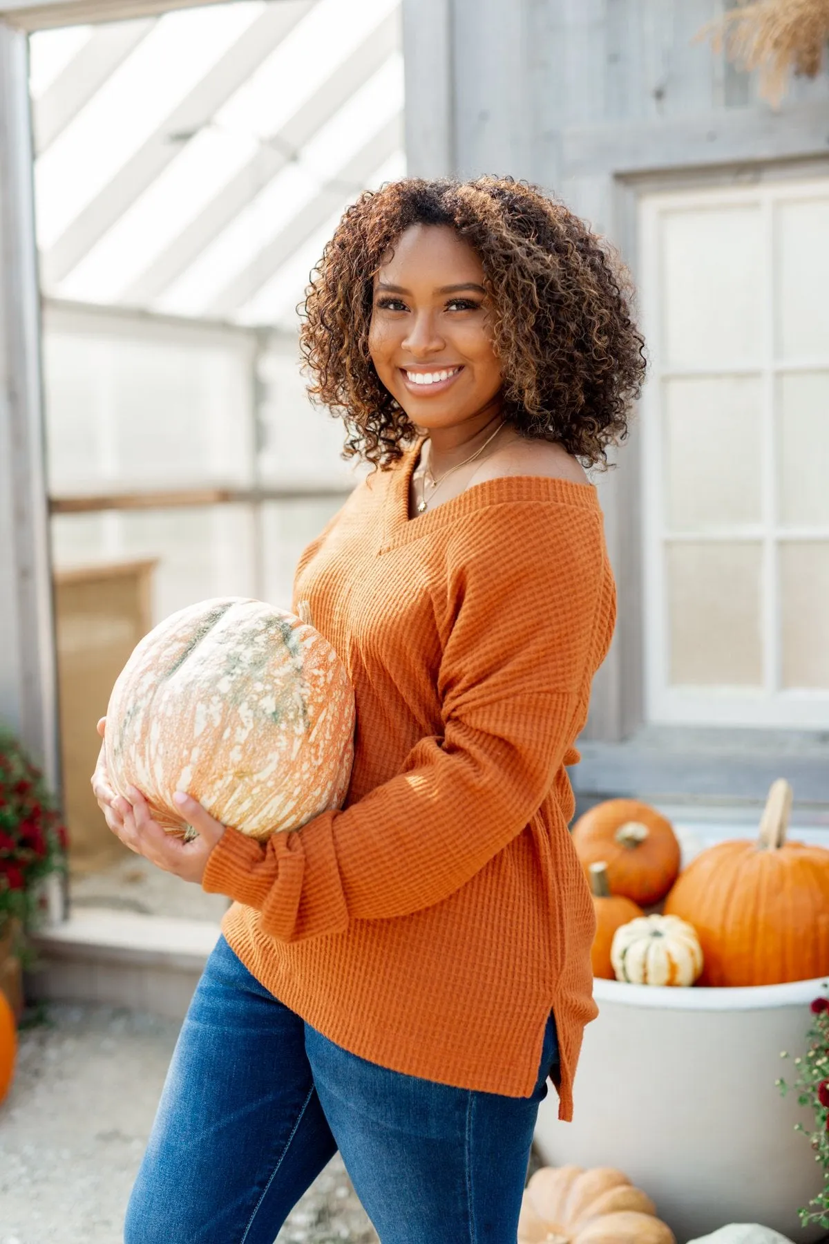 Everything Nice Waffle Knit Sweater- Burnt Orange