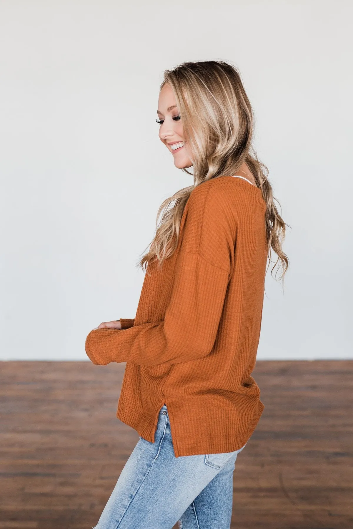 Everything Nice Waffle Knit Sweater- Burnt Orange