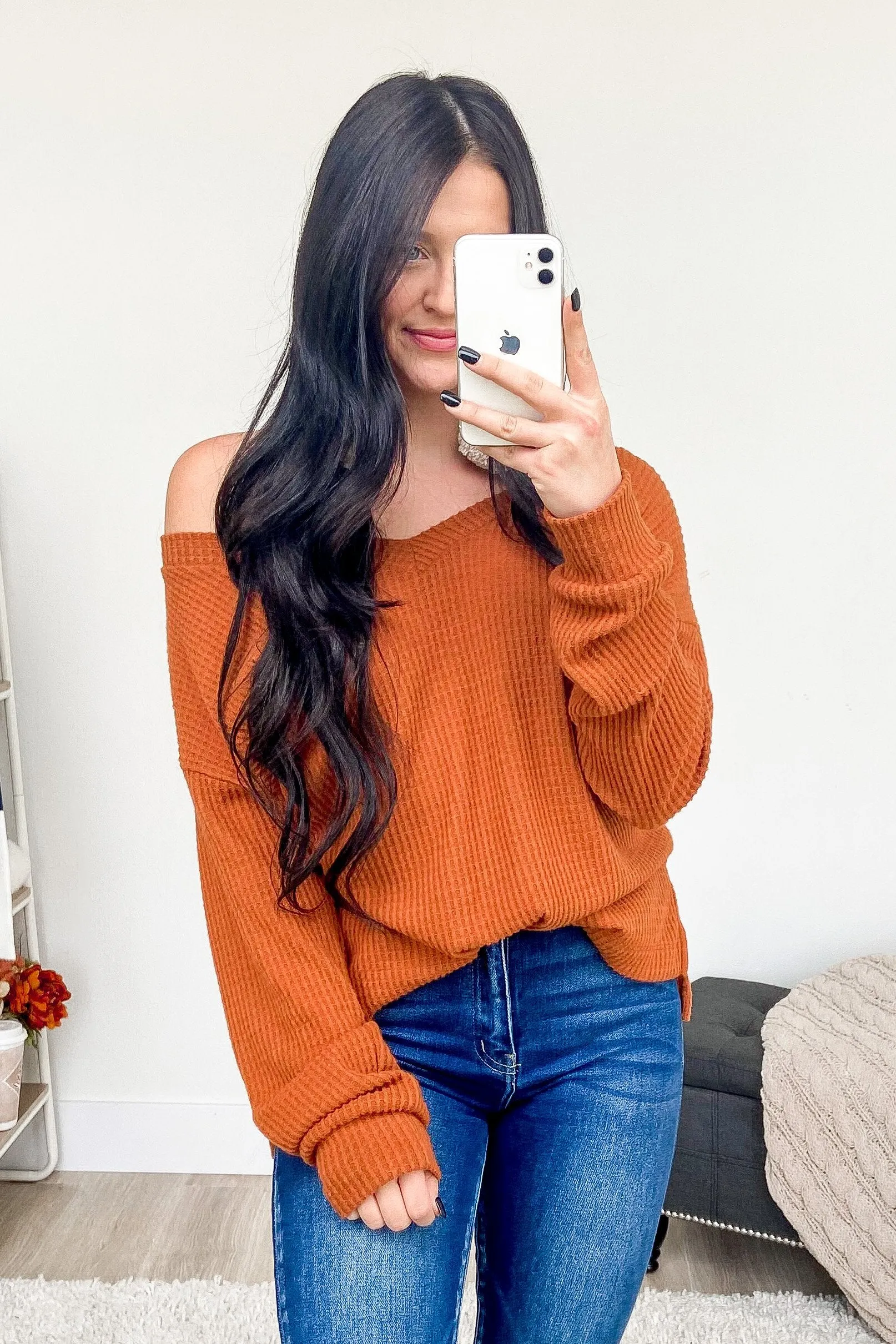 Everything Nice Waffle Knit Sweater- Burnt Orange