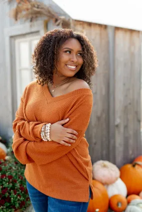 Everything Nice Waffle Knit Sweater- Burnt Orange