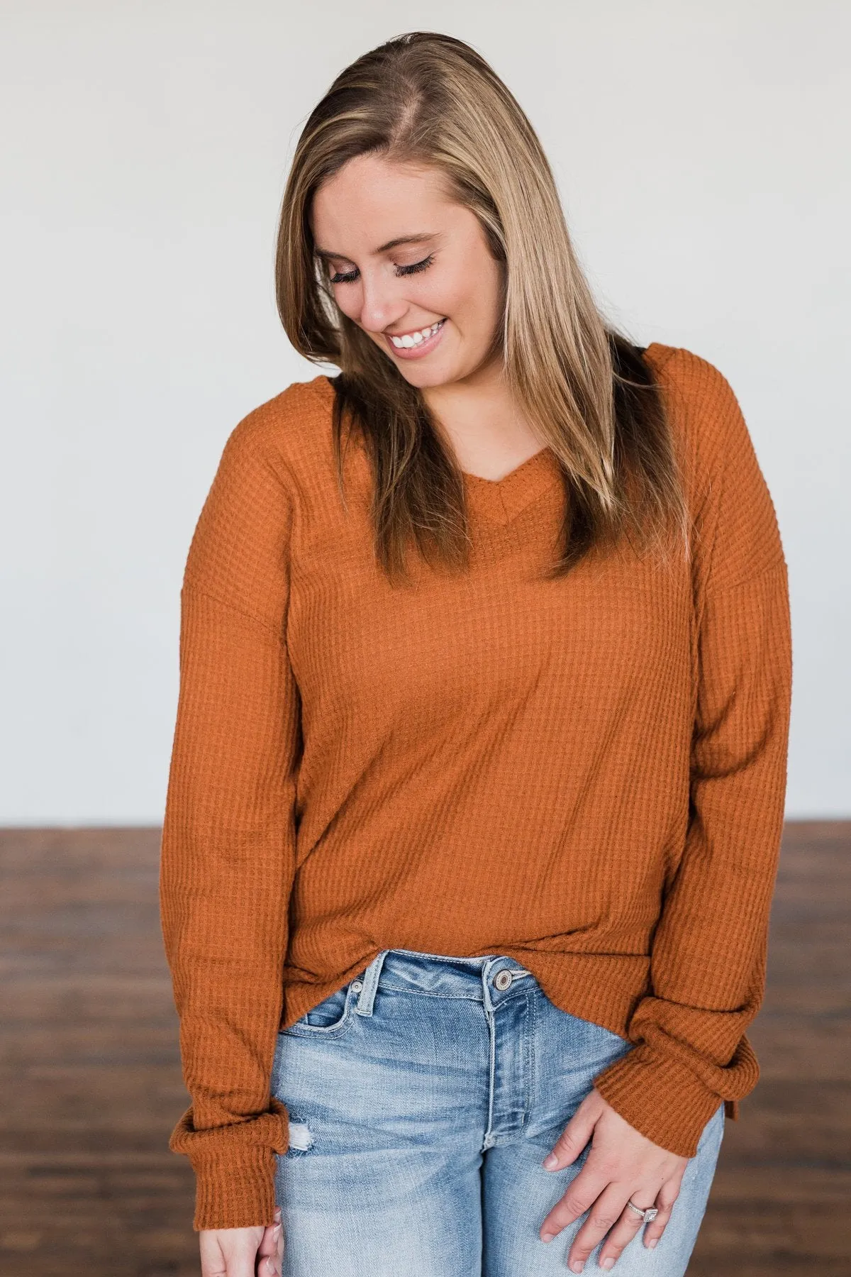 Everything Nice Waffle Knit Sweater- Burnt Orange