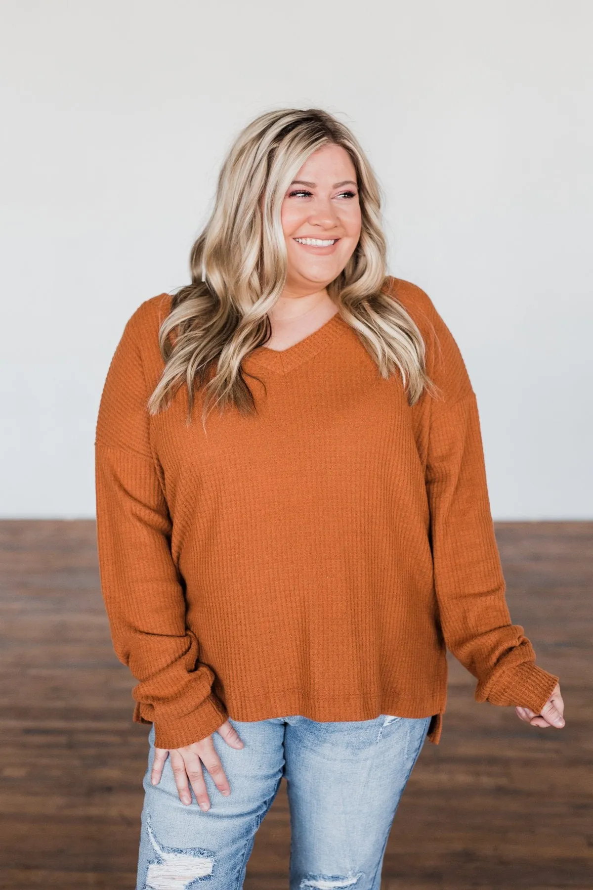 Everything Nice Waffle Knit Sweater- Burnt Orange