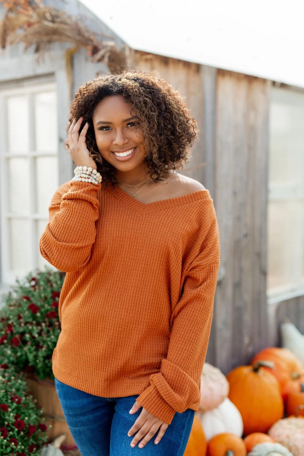 Everything Nice Waffle Knit Sweater- Burnt Orange