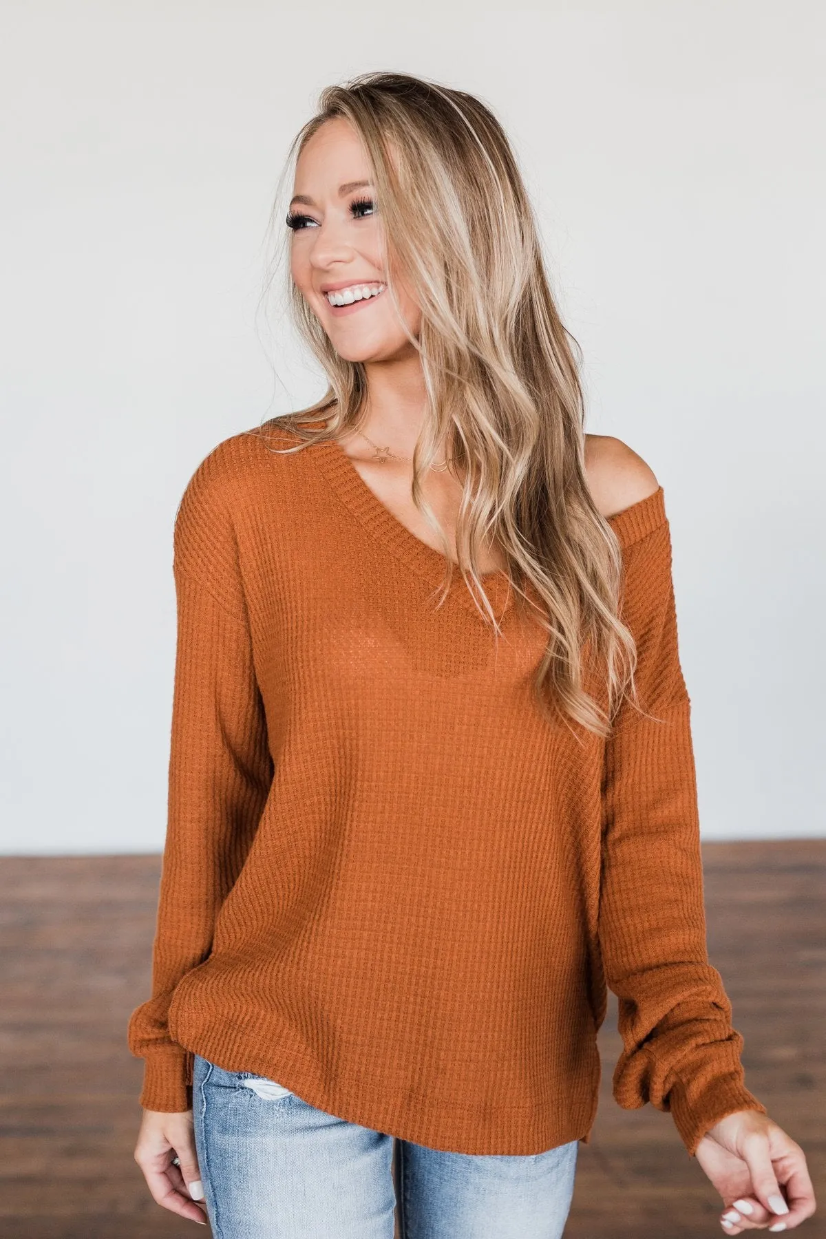 Everything Nice Waffle Knit Sweater- Burnt Orange