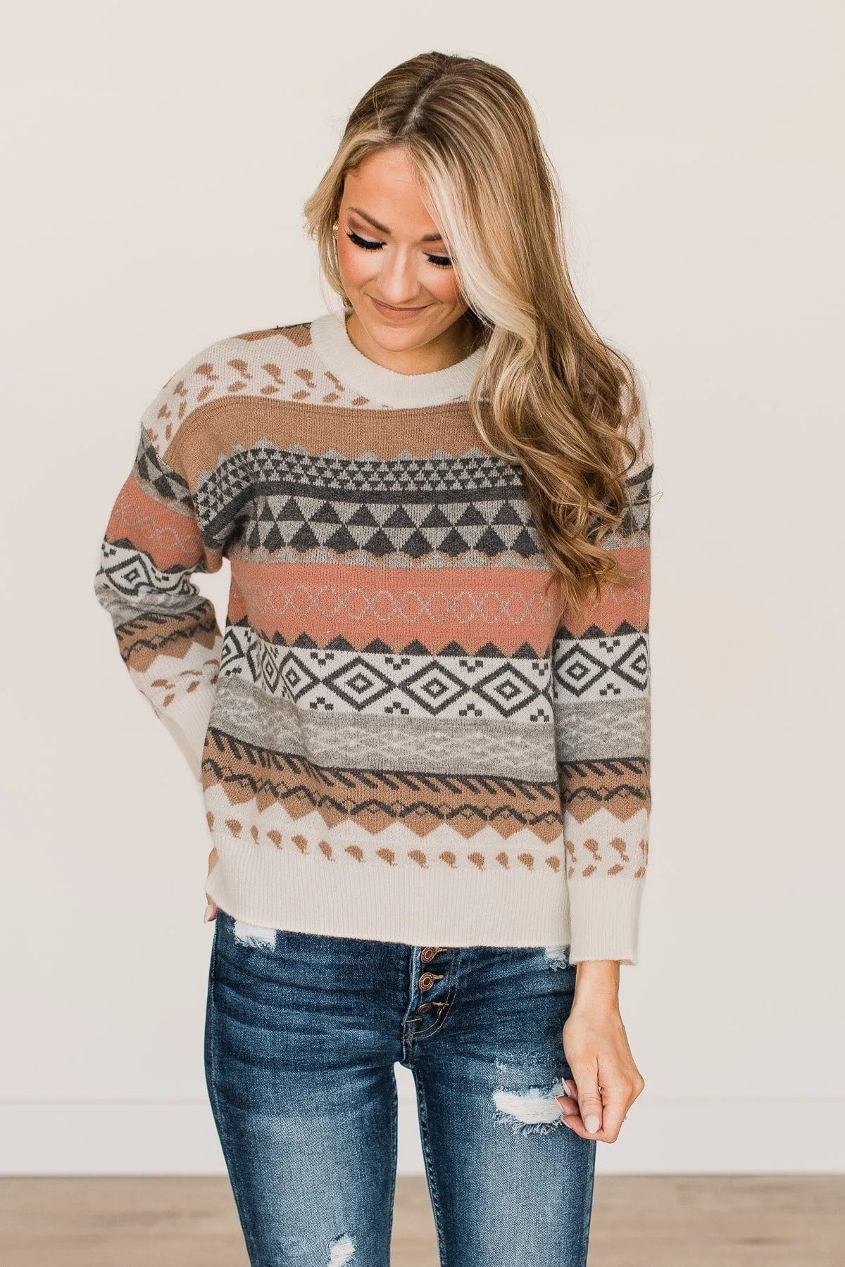 Faithful Feelings Thick Knit Sweater- Ivory & Brown