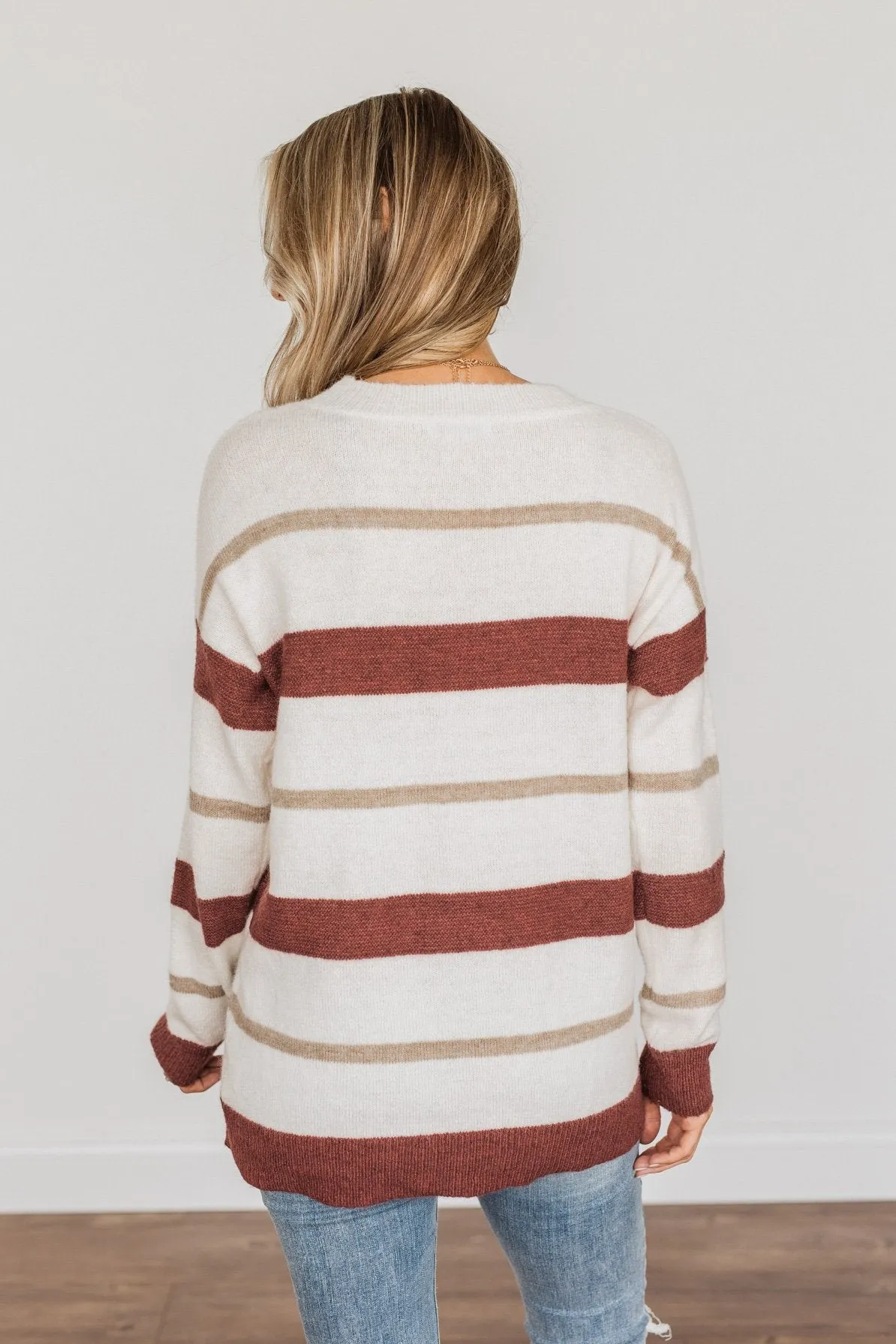 Fall Impressions Striped Sweater- Ivory, Brick & Taupe