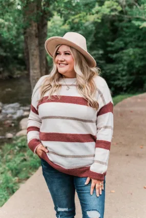 Fall Impressions Striped Sweater- Ivory, Brick & Taupe