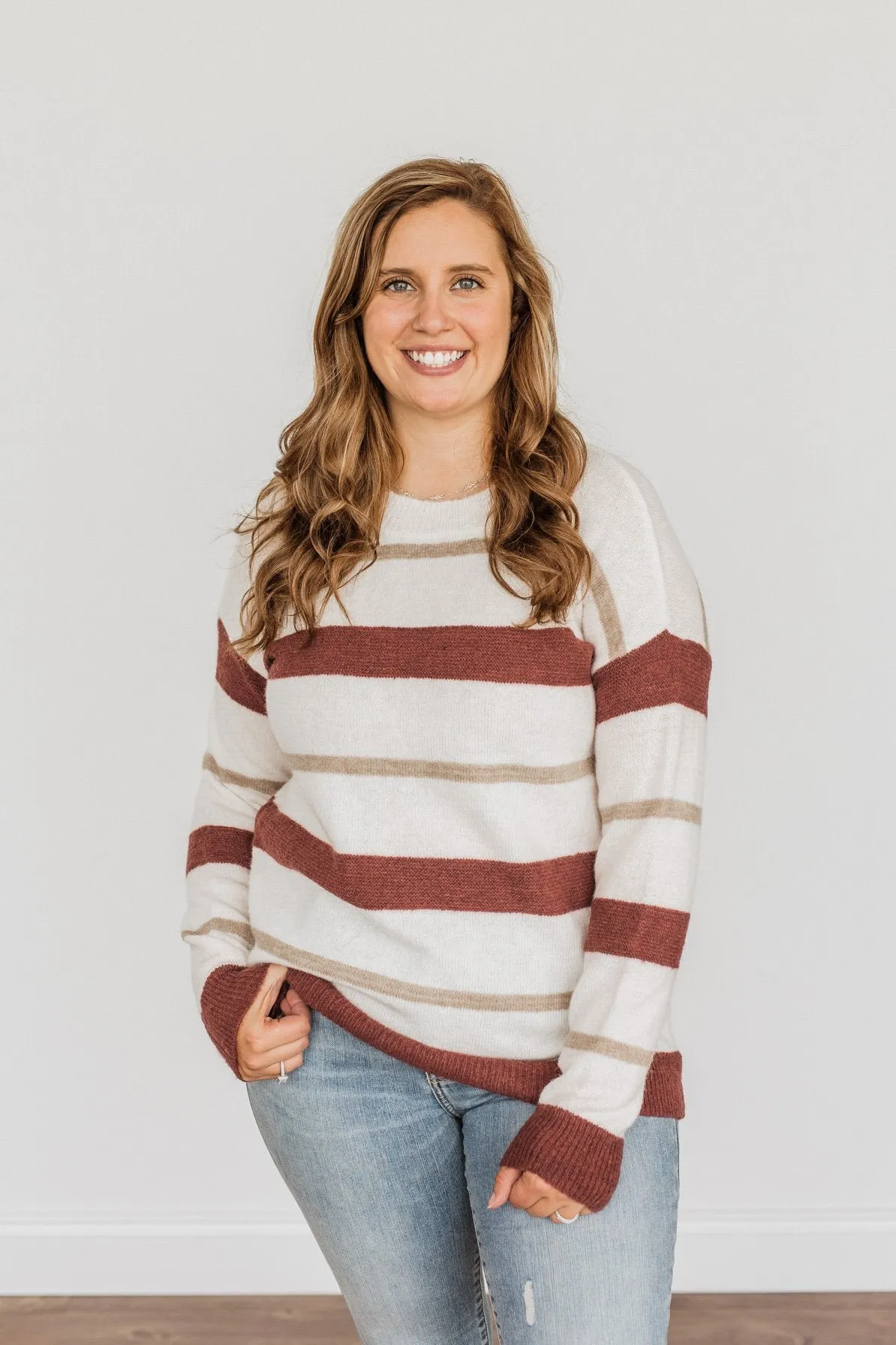 Fall Impressions Striped Sweater- Ivory, Brick & Taupe