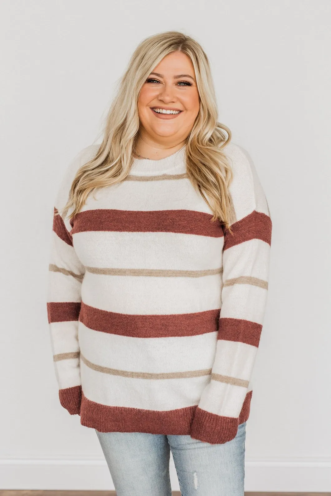 Fall Impressions Striped Sweater- Ivory, Brick & Taupe