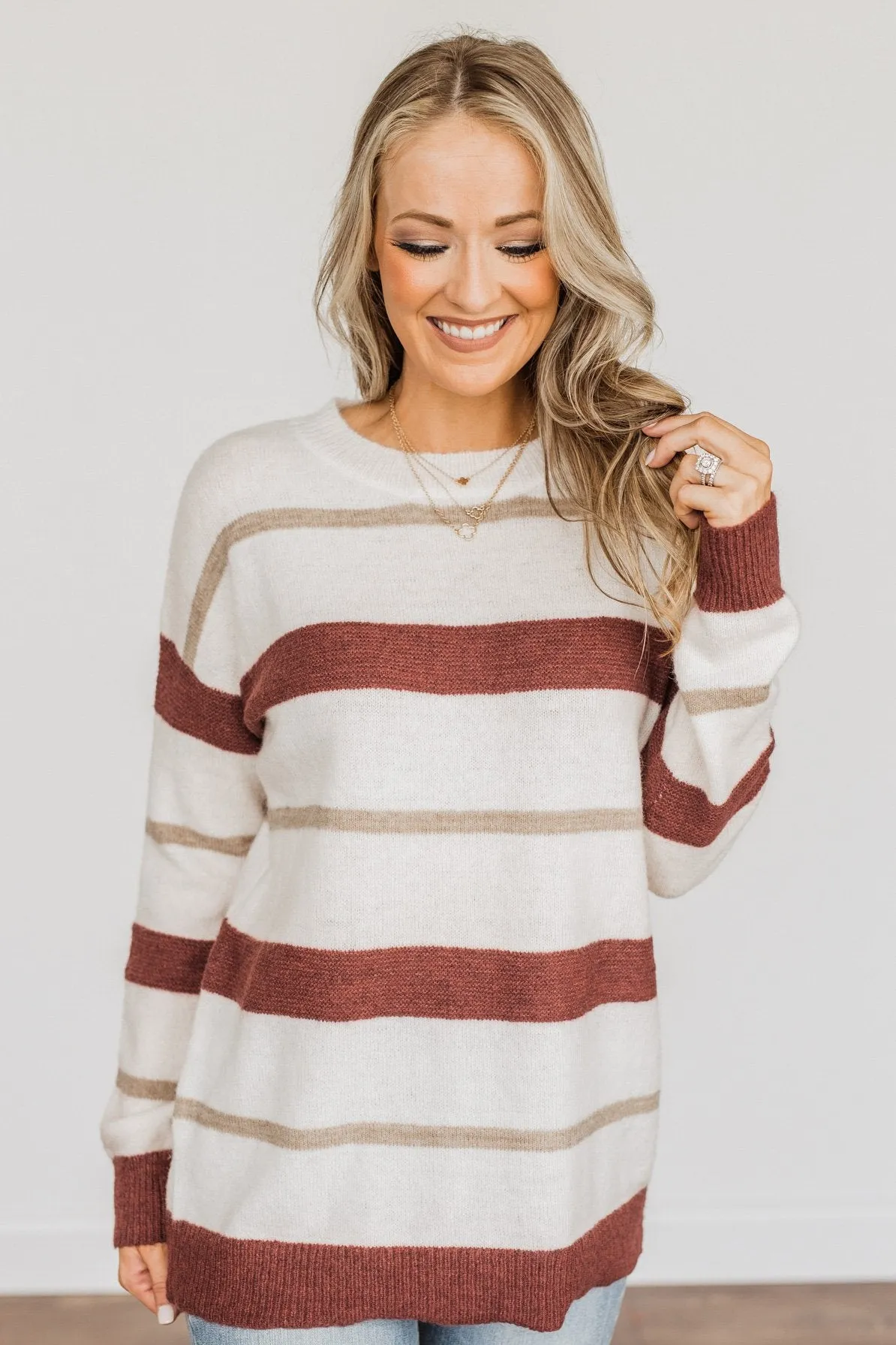 Fall Impressions Striped Sweater- Ivory, Brick & Taupe