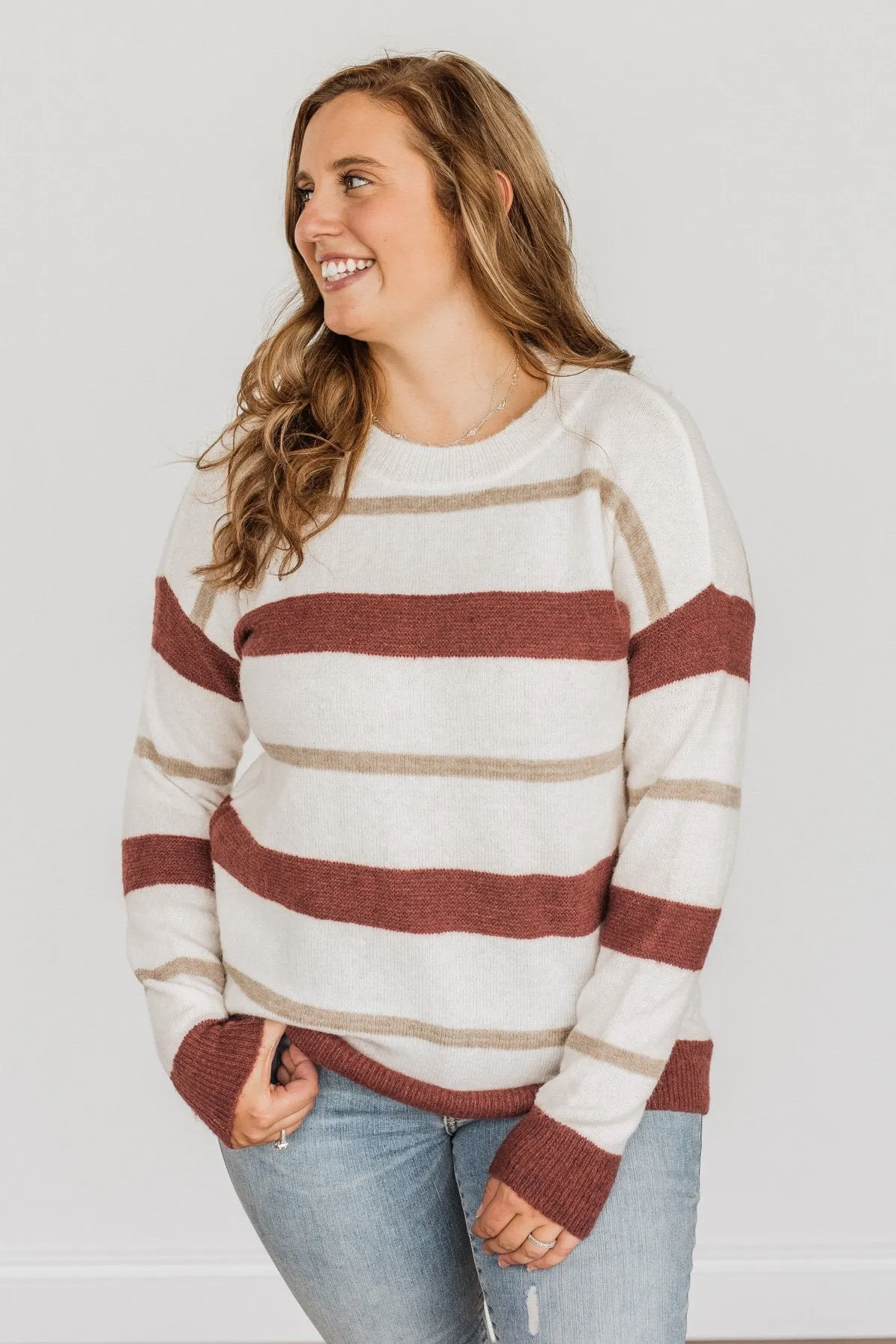 Fall Impressions Striped Sweater- Ivory, Brick & Taupe