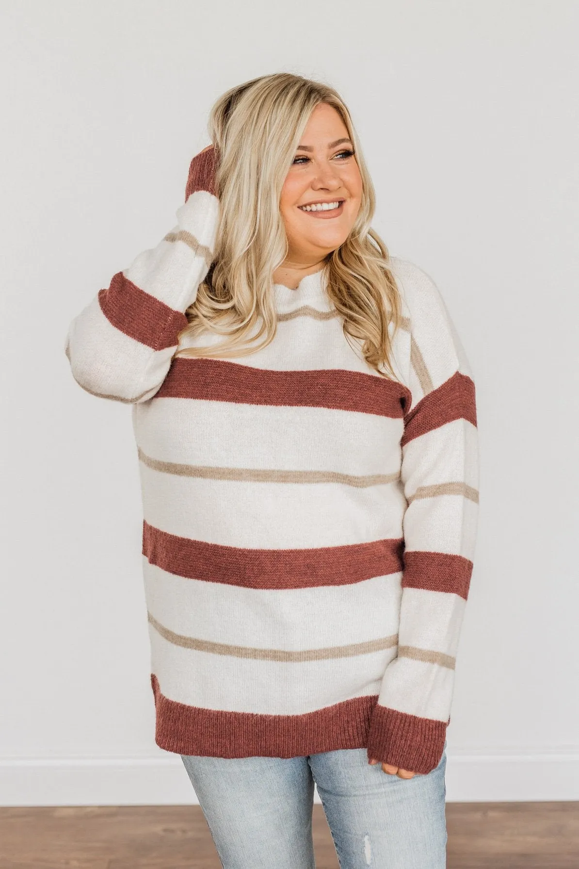 Fall Impressions Striped Sweater- Ivory, Brick & Taupe