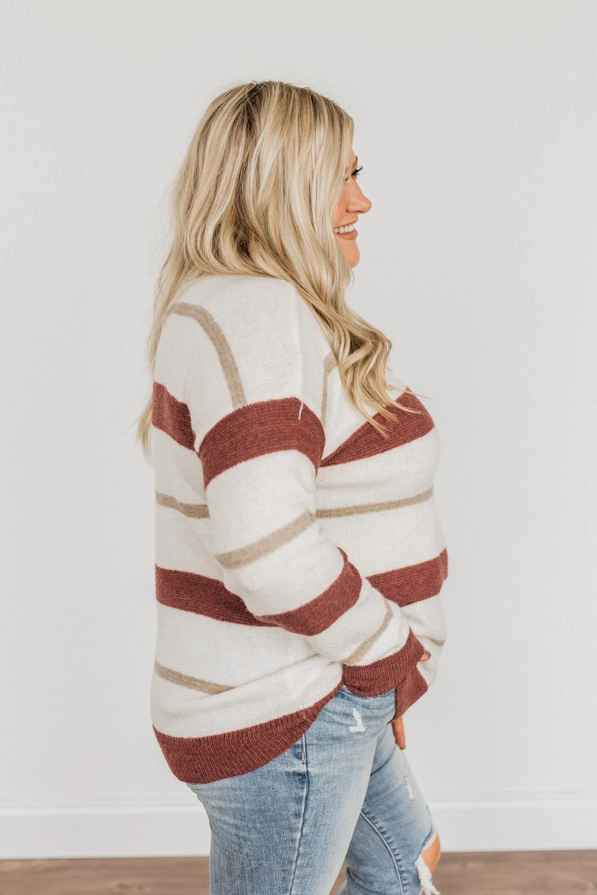 Fall Impressions Striped Sweater- Ivory, Brick & Taupe