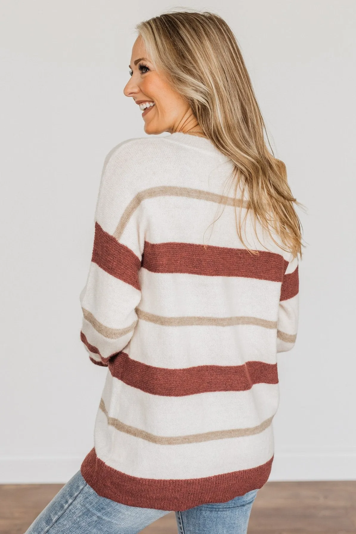 Fall Impressions Striped Sweater- Ivory, Brick & Taupe