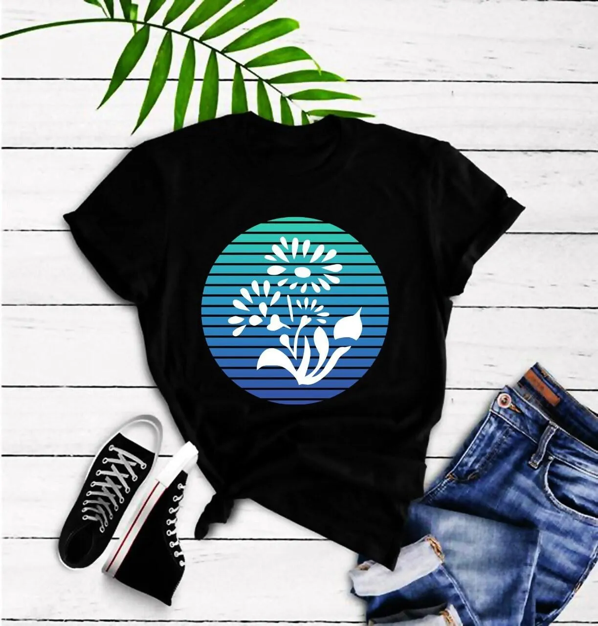 Flower Blue | Retro Sunset T-Shirts, Botanical Tee, Flower shirt, Vintage T, plant shirt, botanical t, botanical tshirt