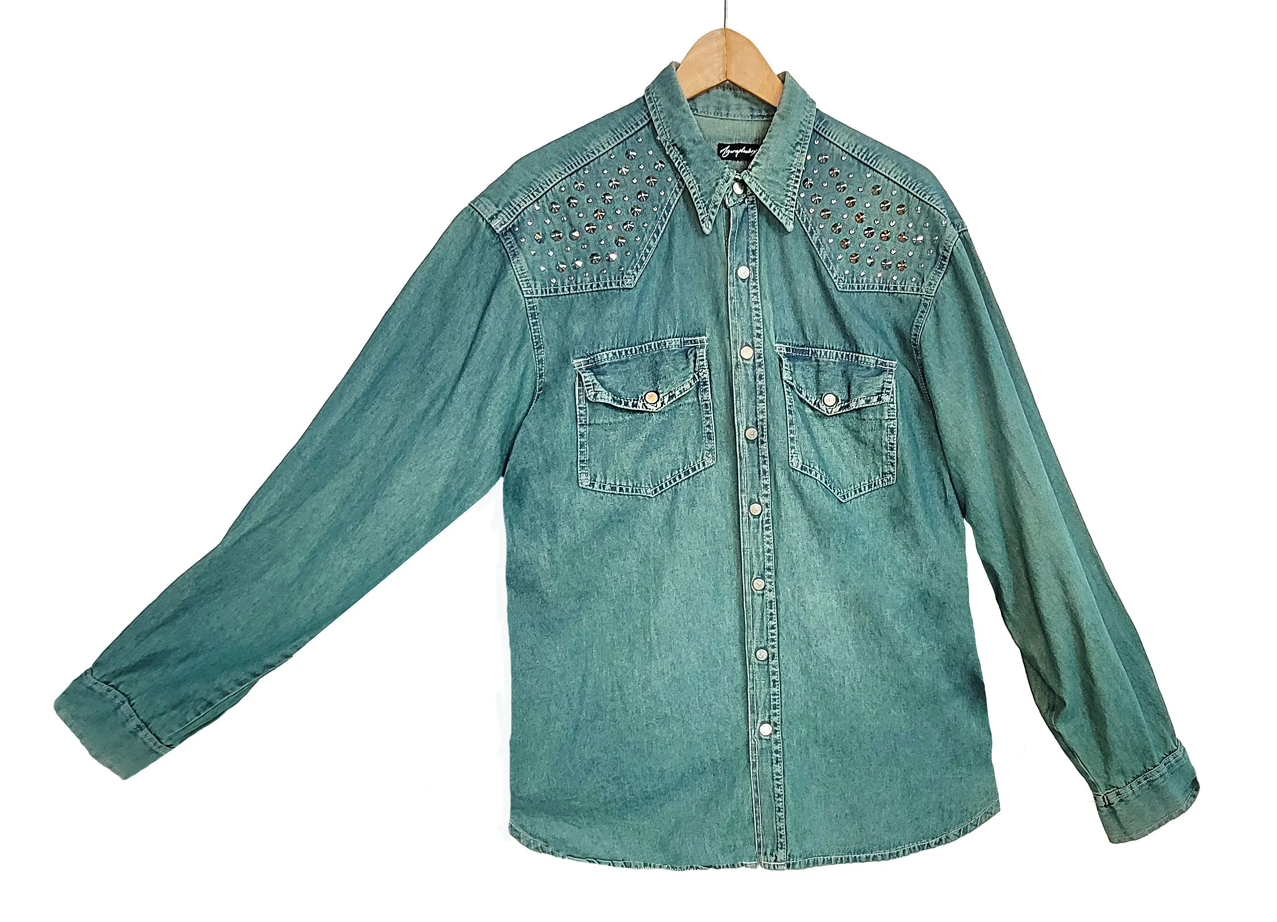 Green studded denim shirt | Size XL Unisex