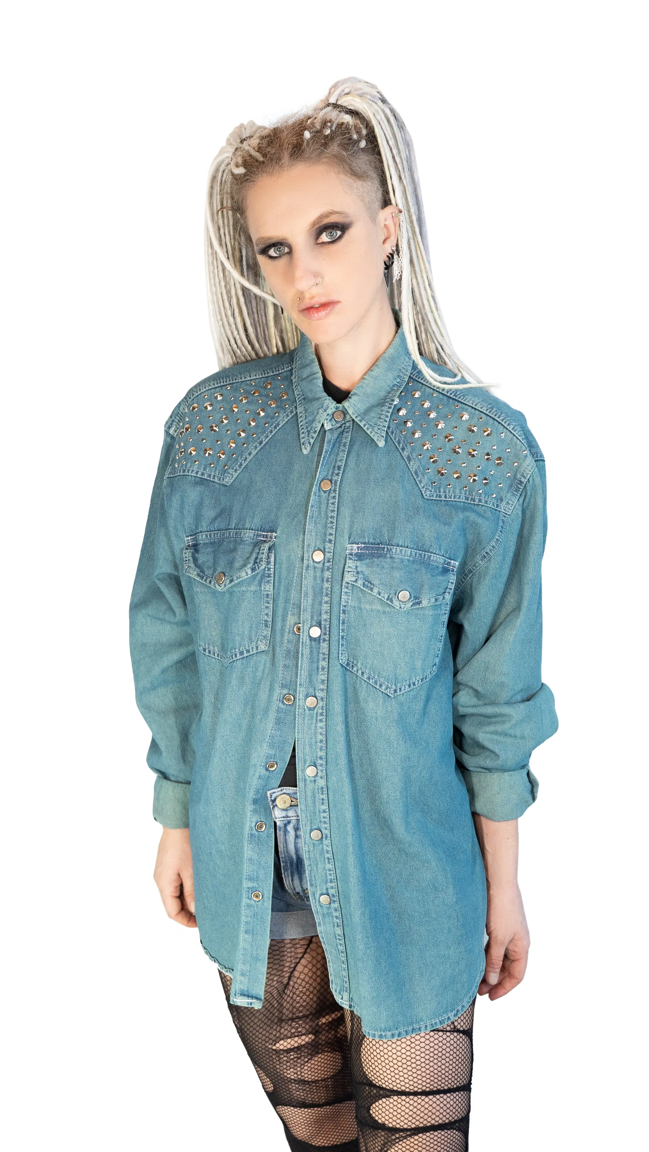 Green studded denim shirt | Size XL Unisex