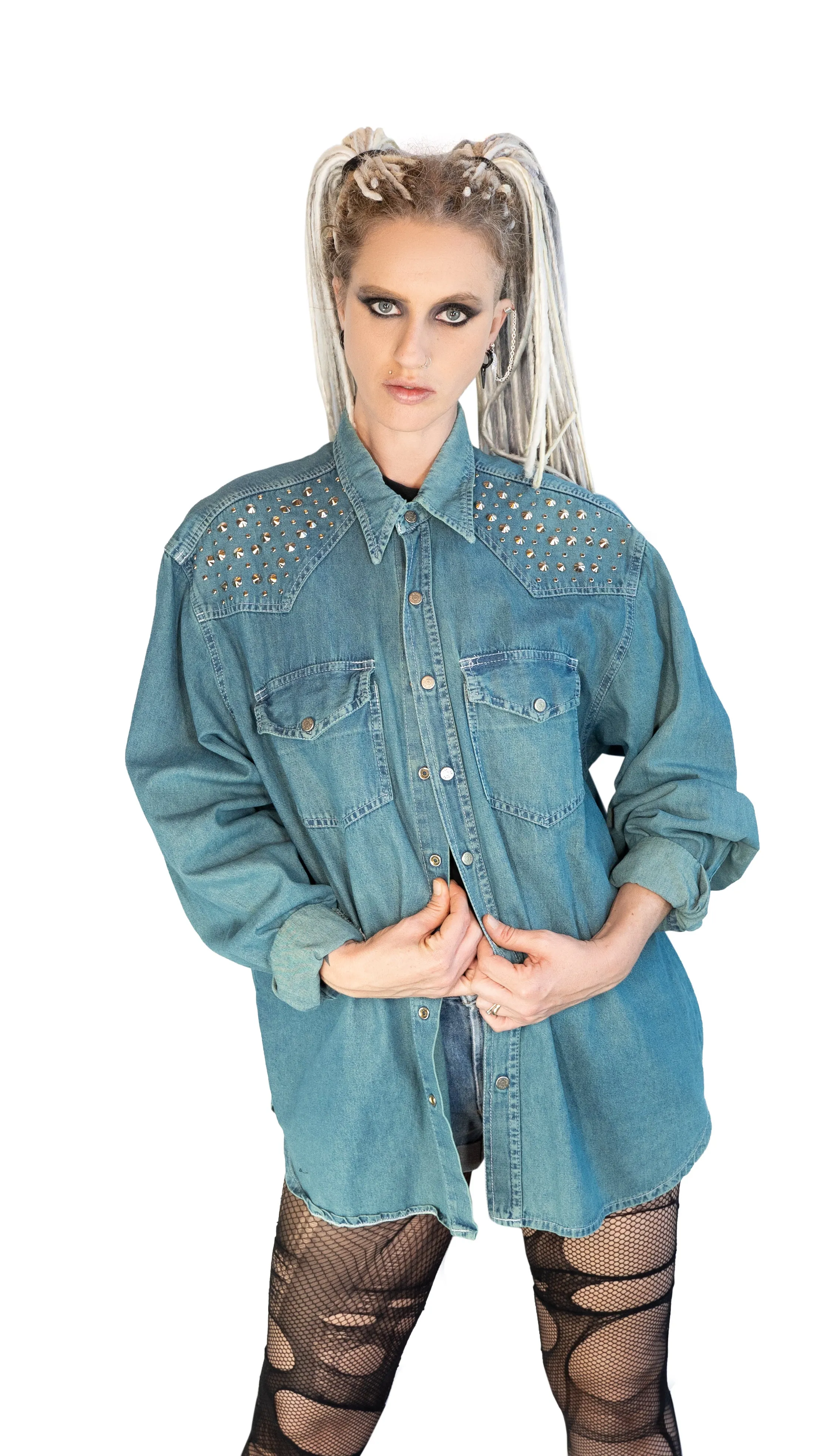 Green studded denim shirt | Size XL Unisex