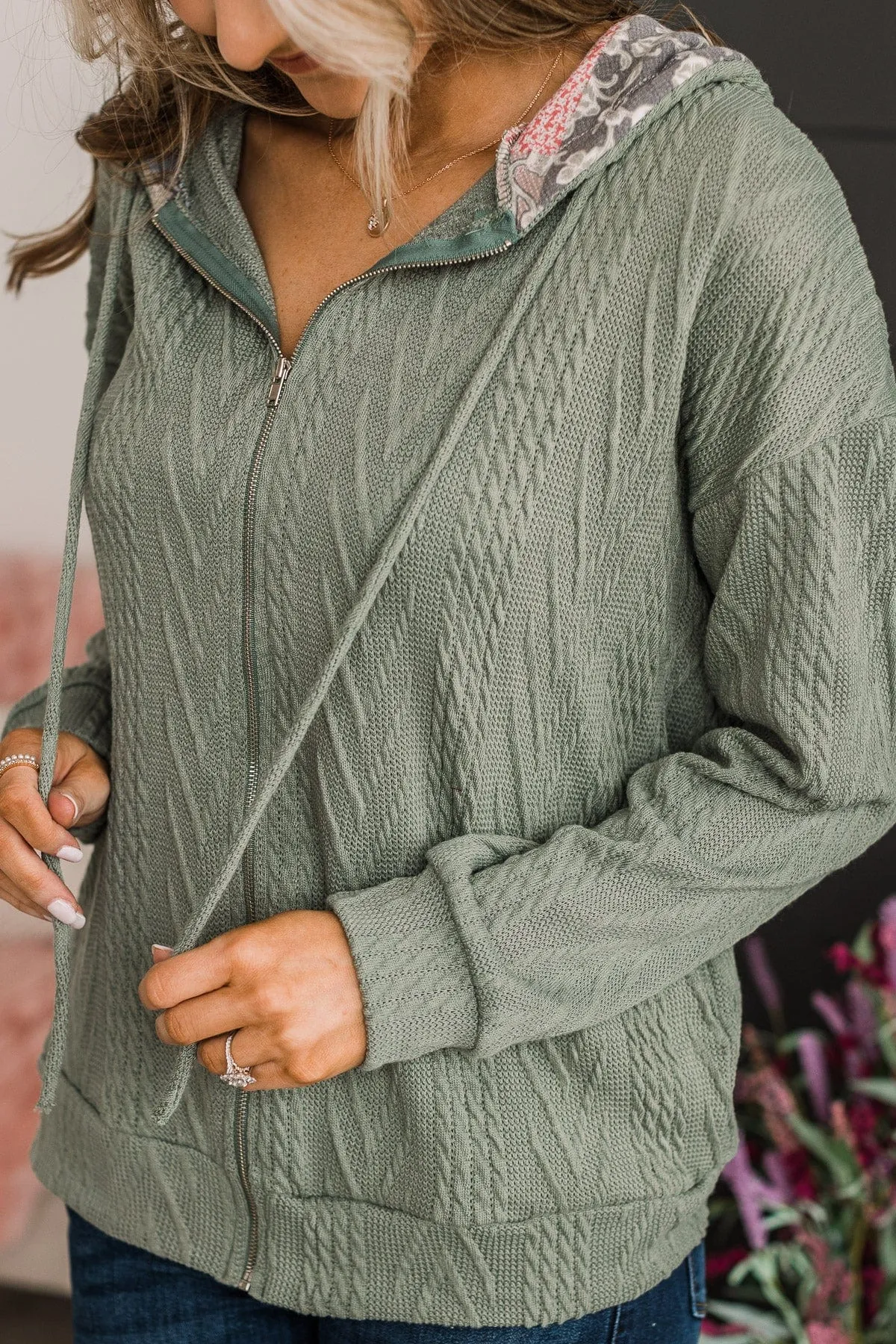 Headed Out Lightweight Knit Hoodie- Dark Sage