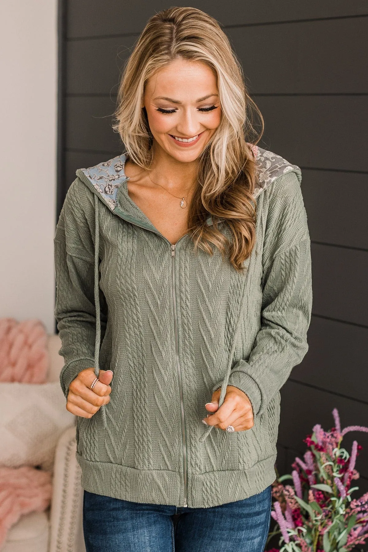 Headed Out Lightweight Knit Hoodie- Dark Sage