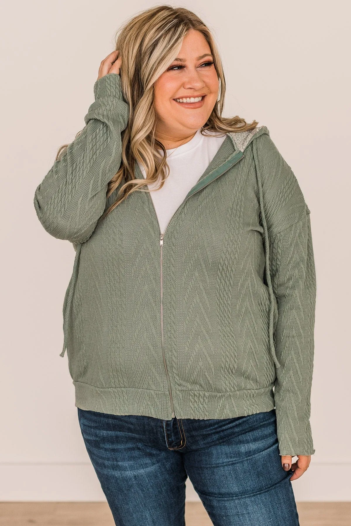 Headed Out Lightweight Knit Hoodie- Dark Sage