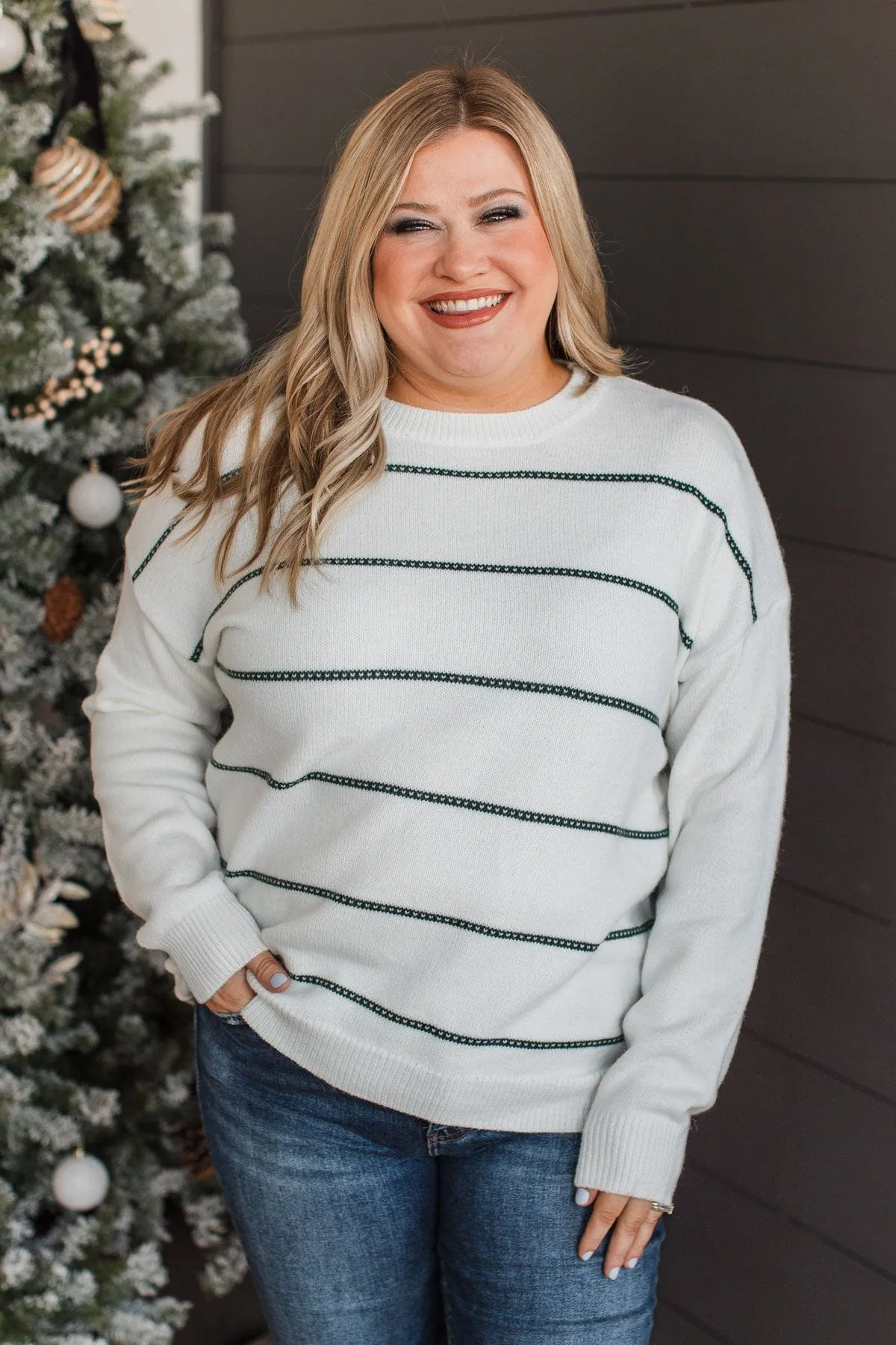 Heartfelt Love Knit Sweater- Ivory & Forest Green