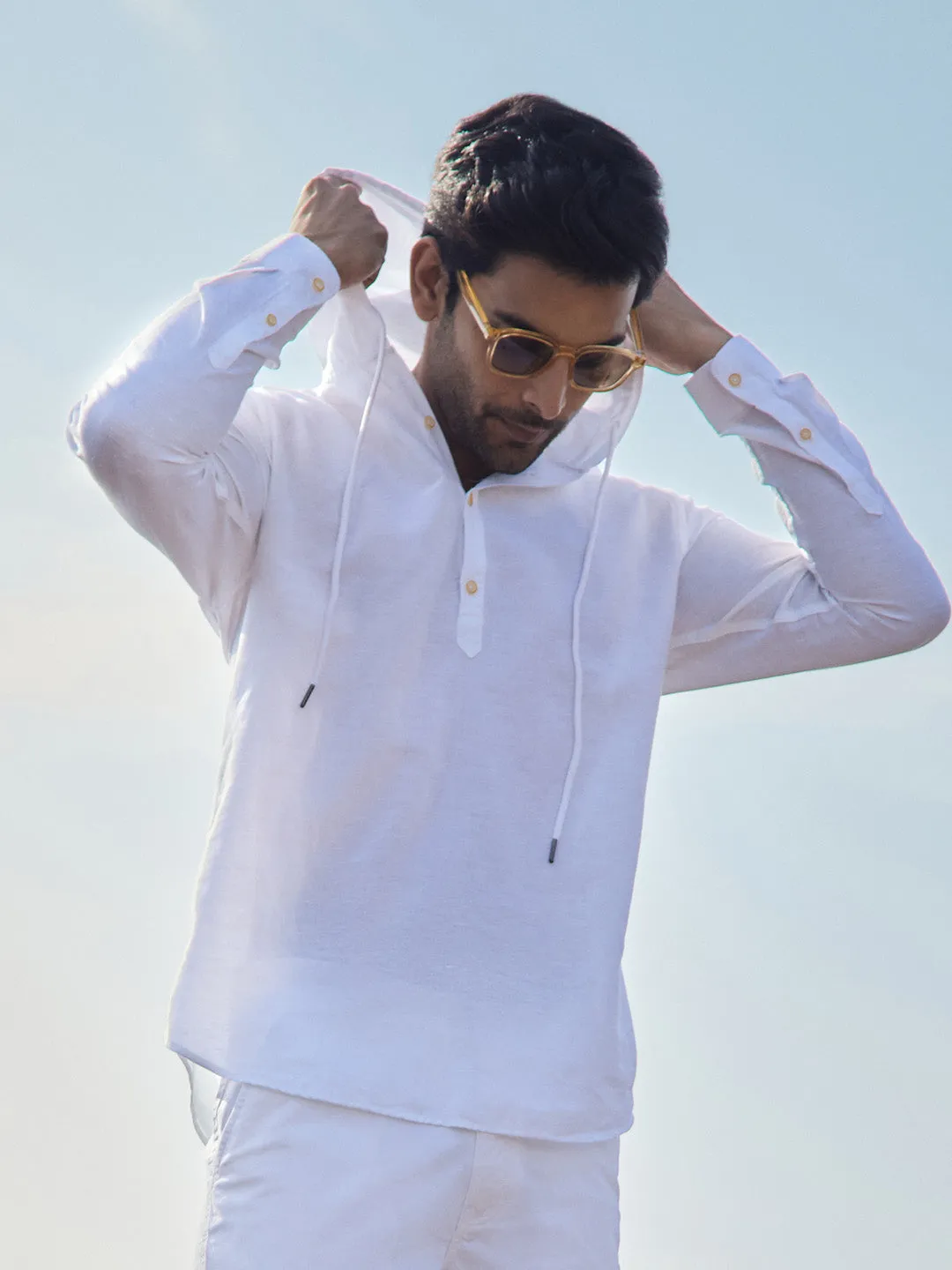 Hoodie Collar Cotton Linen White Kurta - Cloudie