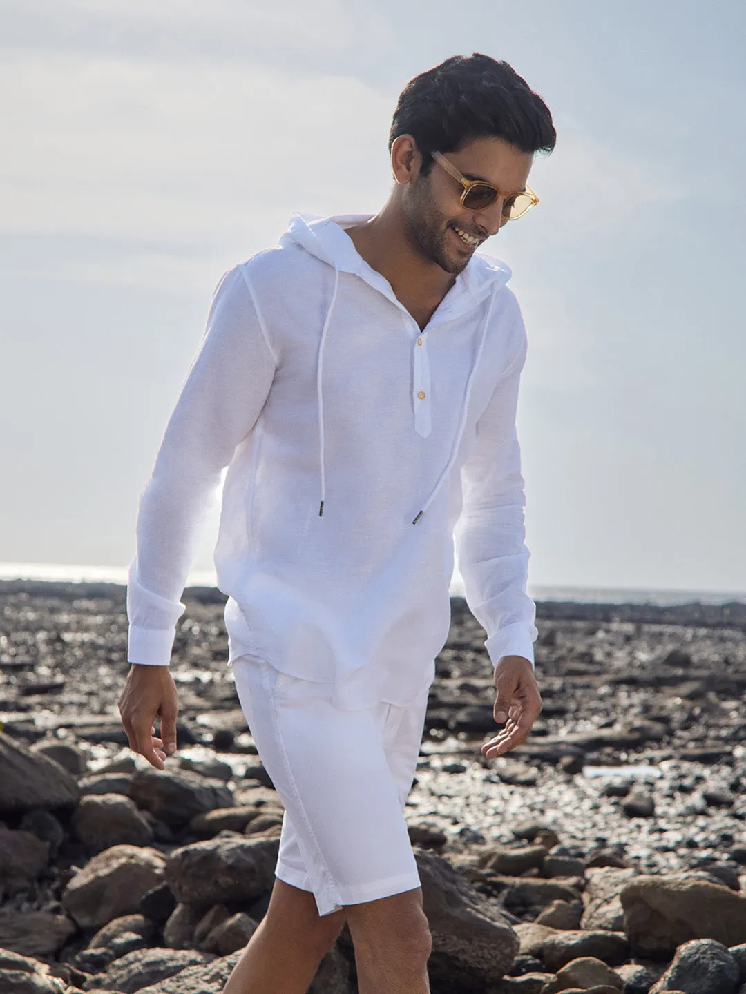 Hoodie Collar Cotton Linen White Kurta - Cloudie