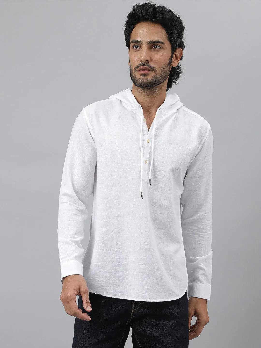 Hoodie Collar Cotton Linen White Kurta - Cloudie